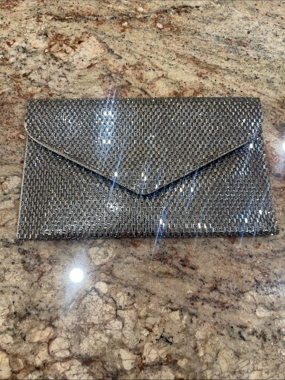 Silver Crystal Envelope Clutch W/chain strap